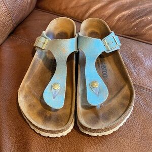 BIRKENSTOCK “Gizeh” Washed Metallic Aqua Sandals Size 39